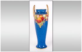 Royal Worcester Hand Painted Two Handle Vase Decorated 'Fruits' Still Life On Mottled Blue Ground