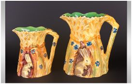 Burleigh Ware Pair of 1930's Hand Painted Harvest Jugs. Features Applied Rabbit Figures to Body of