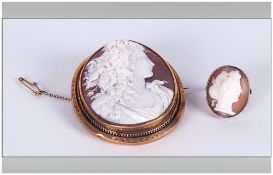 19th Century Shell Cameo Depicting Bacchante Set In A Yellow Metal Mount Unmarked. 59x50mm