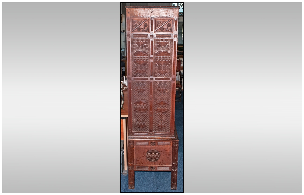 A Rare Aesthetic Movement Highly Carved Cabinet Cupboard In Oak. The top has three leaded top - Image 5 of 8