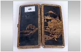 Japanese Black Lacquered Cigarette Case, gold decoration. The hinged front showing pagodas with