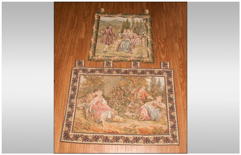 Two Tapestries Wall Hangings Depicting French Garden Scenes, with figures, 22x22'' & 34x24''