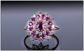 Ladies 18ct Gold Ruby and Diamond Cluster Ring. Flower head Setting.