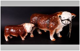 Large Melba Pottery Figure of a Prize Bull with Another Small Bull, Coloured In Brown Glazes.