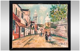 Maurice Utrillo Small Oilograph of a French Street Scene with figures. Montmarte dated 1937.