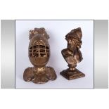 Unusual Gilt Metal Desk Inkwell with a knight wearing a visor, which when opened reveals a mans head