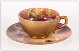 Royal Worcester Hand Painted Matched Miniature Cup & Saucer 'Fallen Fruits' Still Life Signed W.