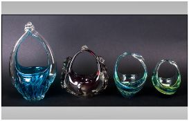 Four Vintage Murano Glass Baskets, one ruby red colour, turquoise, two mottled blue & Yellow hues.