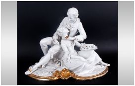 Capodimonte Fine Parian Early Signed Figure ' The Lovers ' Signed Benacchio. Gold Highlights. c.