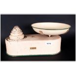 Harper Early To Mid 20thC Kitchen Scales With Enamel Tin Bowl And Set Of 7 Weights In Cream With