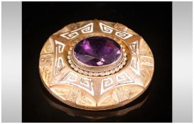 Victorian Amethyst Gold Coloured Oval Enamelled Brooch with Greek key pattern decoration, Hair in