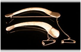 African Unusual Handmade Antique Pair Of 9ct Gold & Bone Brooches with gilt safety chains. Each