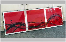 Unusual Abstract Glass Painting Formed In Three Red Glass Sections, Mirror Backed With Applied