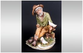 Capodimonte - Fine Ltd Edition and Signed Figure ' Tramp on Bench Feeding Birds ' Signed Cortese.