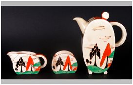 Clarice Cliff Handpainted Art Deco Bonjour 3 Piece Coffee Set 'Trees & Houses' Design Circa 1929.