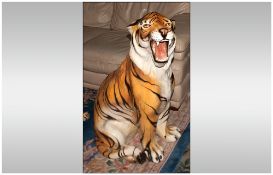 Italian - Life Size Ceramic / Porcelain Large Sculpture of a Roaring Tiger In a Seated Position. c.