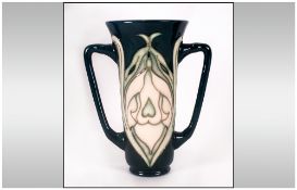 W.Moorcroft MCC Modern Twin Handle Vase 'Snow Drops' Design On Blue Ground, Designed By Rachel