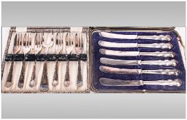 2 Boxes of Cutlery - Set 6. Cocktail Forks Cased with  A Cased Set of Fruit Knives with Silver