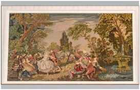 Large White Framed Woolen Tapestry depicting a garden with figures. 42 x 70 inches.