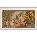 Large White Framed Woolen Tapestry depicting a garden with figures. 42 x 70 inches.