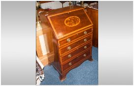 Edwardian Mahogany Inlaid Bureau, fall front with fitted interior, above four drawers, raised on