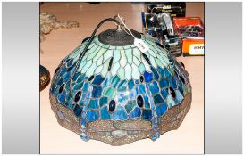 Tiffany Style Dragonfly Design Coloured Glass Ceiling Shade & Light Fitting. Predominantly Blues &