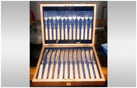 Antique Set Of Mahogany Cased Fruit Knives & Forks, with engraved decorations, 24 pieces.