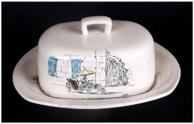 Midwinter Riviera Pattern Lidded Butter Dish. Drawings by Hugh Casson. Diameter 7 Inches. Unused