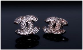 Chanel Authentic Silver and Diamonte C C Logo Pair of Designer Earrings. Boxed and Unused.