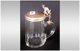 German Antique Silvered Metal Stein the lid depicting a goat holding a tankard. The lid engraved