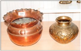 Copper Planter together with oriental brass vase with decoration of dancing girls.