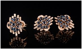 18ct Gold Set Sapphire Cluster Ring with Matching Pair of Clip on 18ct Gold Sapphire Set Earrings.