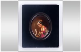 Victorian - Hand Painted Miniature Painting Oil on Porcelain Within a Black Ebonished Frame. 4 x 3.5