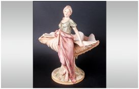 Royal Dux Late 19th Century Porcelain Figural Centre Piece / Bowl ' Young Woman Standing Before a