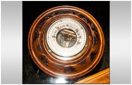 1920's Circular Barometer, Carved Walnut Case, Diameter 7½ Inches