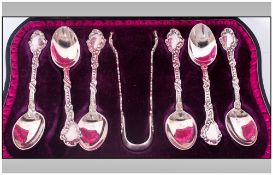 A Good Boxed Set of Six Ornate Silver Tea Spoons and Matching Pair of Sugar Nibs. Marked Sterling