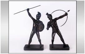 Pair of Art Deco Bronzed Metal Figures of Greek Warriors In Classical Poses, German c.1920's /