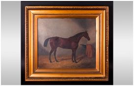 19th Century Oil On Canvas Of A Bay Hunter In A Stable Setting finely executed in gilt frame.