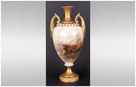 Royal Worcester Handpainted and Tall Two Handled Vase decorated with images of highland cattle. In a