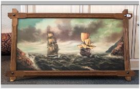 Edmund Kentsch Oil Painting on Canvas depicting  sailing ships in a choppy sea in full sail, with