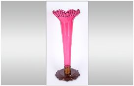 Art Nouveau Ruby Glass Tall and Impressive Fluted Glass Vase raised on a carved circular wooden