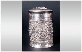 Oriental Early 20th Century Silver Embossed Lidded Jar. Decorated with Embossed / Raised Figure In a