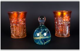 Mdina Glass Weight With Two Carnival Orange Glass Tumblers.