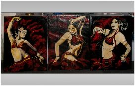 David Hill Makaza Born 1986 Zimbabwean Artist, Three Portraits Of Dancing Girls, Acrylic On Canvas