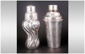 Two Art Deco Silvered Metal Cocktail Shakers, one impressed to the base D&B of Round Cylindrical