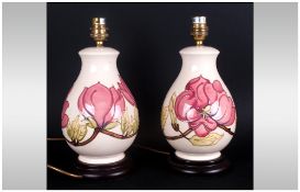 Moorcroft Pair of Bulbous Shaped Lamp Bases with Pink Magnolia Design on Cream Ground, Raised on