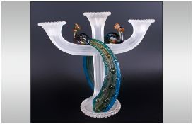 Royales De Champagne Glass Pate De Verre Signed Fine Quality Double Peacock Candleabra. the peacocks