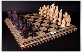 A Fine Quality Bone and Ebony Chessboard, Inlaid with Mother of Pearl. c.1960's. 18 Inches Square.