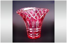 A Fine Quality Ruby & Clear Cut Glass Crystal Vase with star as. Stands 8" in height.