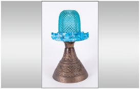 Victorian Slag Glass Candle Night Light Holder with a pressed glass diamond pattern shade On an